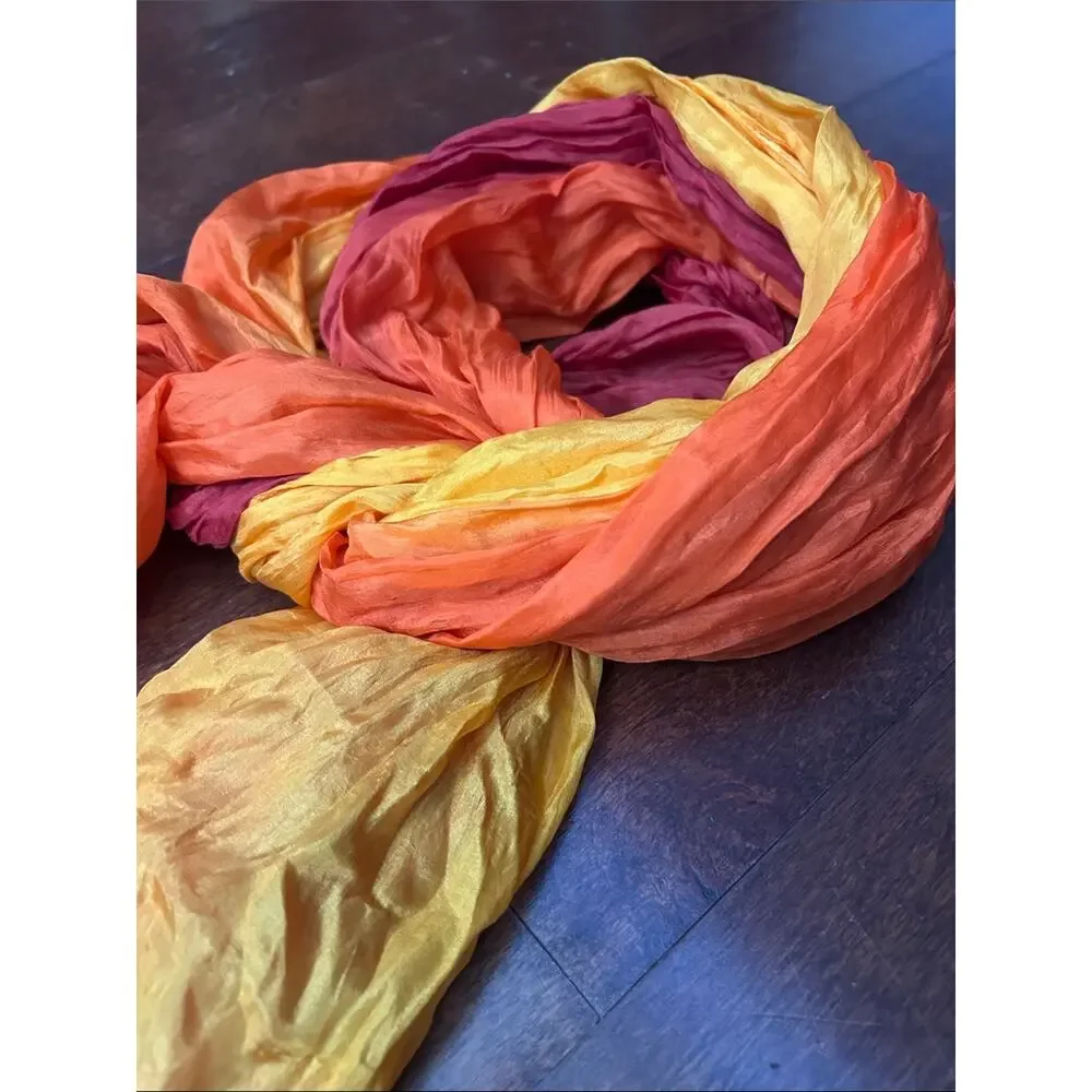 Vibrant Ombre Red-Orange Fringe Scarf, Lightweight Silky Crinkle Fabric